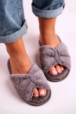 Damskie Evento Damskie Klapki Papcie Futrzane Szare Bow