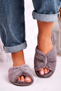 Damskie Evento Damskie Klapki Papcie Futrzane Szare Bow