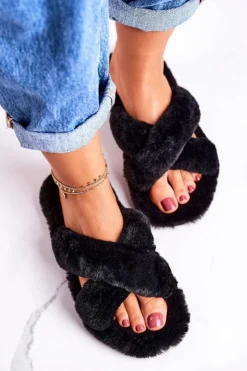 Damskie Boto Damskie Klapki Papcie Futrzane Czarne Cozy Time