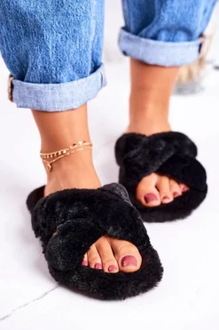 Damskie Boto Damskie Klapki Papcie Futrzane Czarne Cozy Time