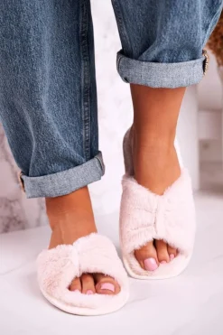 Evento Kapcie Klasyczne*Damskie Klapki Papcie Futrzane Beżowe Bow