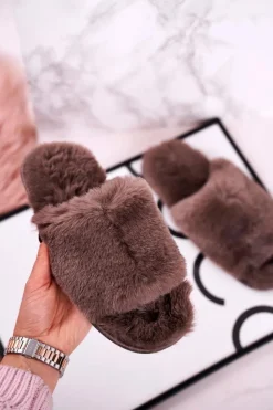 Discount Evento Damskie Klapki Papcie Futrzane Szare Sweet
