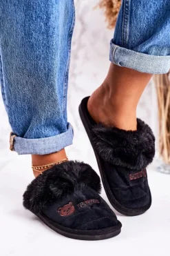 Boto Damskie Klapki Papcie Z Futerkiem Czarne Teddy