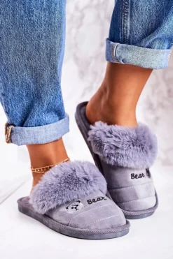 Damskie Boto Damskie Klapki Papcie Z Futerkiem Szare Teddy