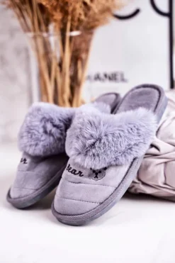 Damskie Boto Damskie Klapki Papcie Z Futerkiem Szare Teddy