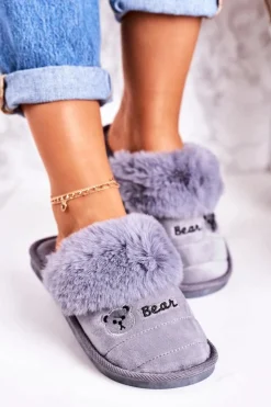 Damskie Boto Damskie Klapki Papcie Z Futerkiem Szare Teddy