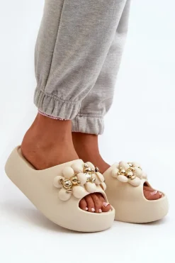 Damskie Boto Damskie Klapki Piankowe Z Ozdobami Na Grubej Podeszwie Jasnobeżowe Bremavia