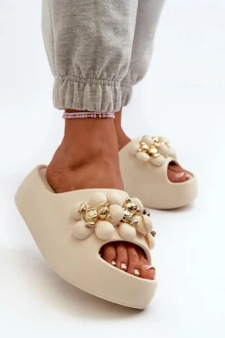 Damskie Boto Damskie Klapki Piankowe Z Ozdobami Na Grubej Podeszwie Jasnobeżowe Bremavia