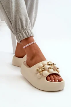 Damskie Boto Damskie Klapki Piankowe Z Ozdobami Na Grubej Podeszwie Jasnobeżowe Bremavia