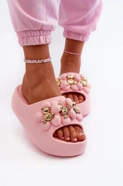 Boto Damskie Klapki Piankowe Z Ozdobami Na Grubej Podeszwie Różowe Bremavia Różowy