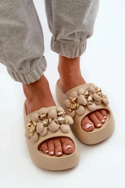 Online Boto Damskie Klapki Piankowe Z Ozdobami Na Grubej Podeszwie Ciemnobeżowe Bremavia