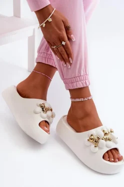 Damskie Boto Damskie Klapki Piankowe Z Ozdobami Na Grubej Podeszwie Białe Bremavia