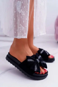 Hot Boto Damskie Klapki Profilowana Wkładka Z Kokardką Czarne Juicy