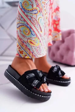 Damskie Boto Damskie Klapki Profilowana Wkładka Z Kokardką Czarne Vrenya