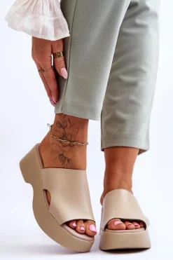 Damskie Boto Damskie Klapki Skórzane Na Platformie Beżowe Lemar Lucami