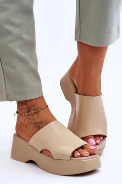 Damskie Boto Damskie Klapki Skórzane Na Platformie Beżowe Lemar Lucami