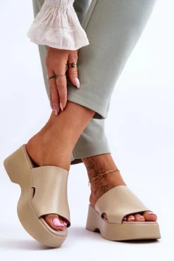 Damskie Boto Damskie Klapki Skórzane Na Platformie Beżowe Lemar Lucami