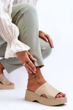 Damskie Boto Damskie Klapki Skórzane Na Platformie Beżowe Lemar Lucami