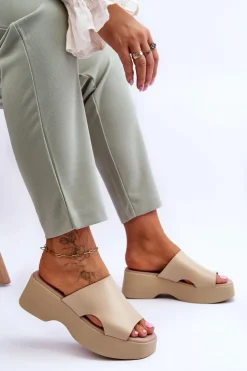 Damskie Boto Damskie Klapki Skórzane Na Platformie Beżowe Lemar Lucami