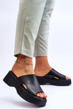 Clearance Boto Damskie Klapki Skórzane Na Platformie Czarne Lemar Lucami