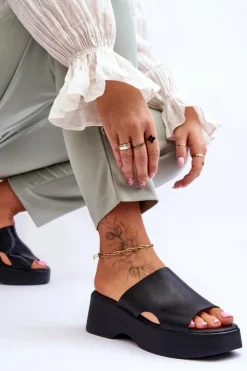 Clearance Boto Damskie Klapki Skórzane Na Platformie Czarne Lemar Lucami