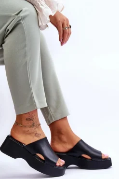 Clearance Boto Damskie Klapki Skórzane Na Platformie Czarne Lemar Lucami