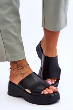 Clearance Boto Damskie Klapki Skórzane Na Platformie Czarne Lemar Lucami