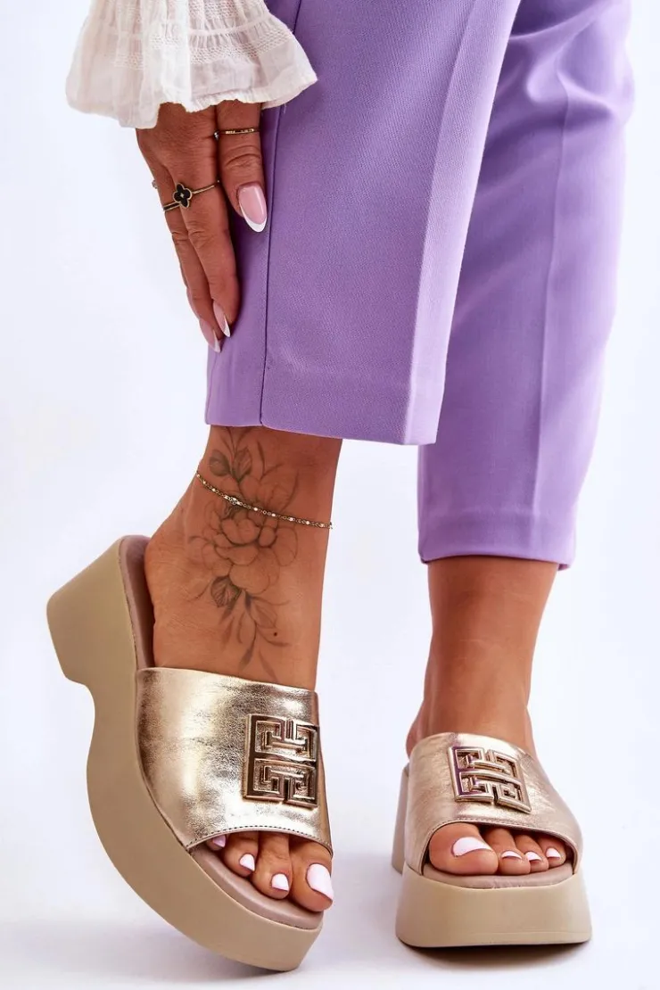 Boto Klapki Na Platformie|Klapki Damskie Klasyczne*Damskie Klapki Skórzane Na Platformie Z Ozdobą Złote Lemar Renna