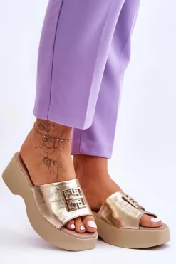 Boto Klapki Na Platformie|Klapki Damskie Klasyczne*Damskie Klapki Skórzane Na Platformie Z Ozdobą Złote Lemar Renna