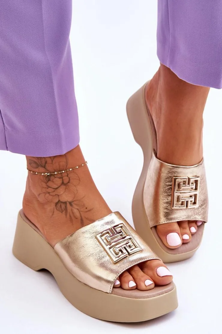 Boto Klapki Na Platformie|Klapki Damskie Klasyczne*Damskie Klapki Skórzane Na Platformie Z Ozdobą Złote Lemar Renna