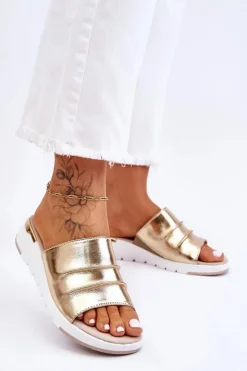 Damskie Damskie buty S.Barski Damskie Klapki Skórzane Na Niewysokim Koturnie Złote Leona