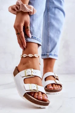 INBLU Klapki Damskie Klasyczne*Damskie Klapki Sprzączki NM000028 Białe