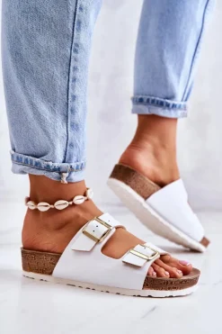 INBLU Klapki Damskie Klasyczne*Damskie Klapki Sprzączki NM000028 Białe