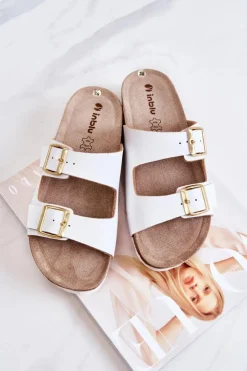 INBLU Klapki Damskie Klasyczne*Damskie Klapki Sprzączki NM000028 Białe