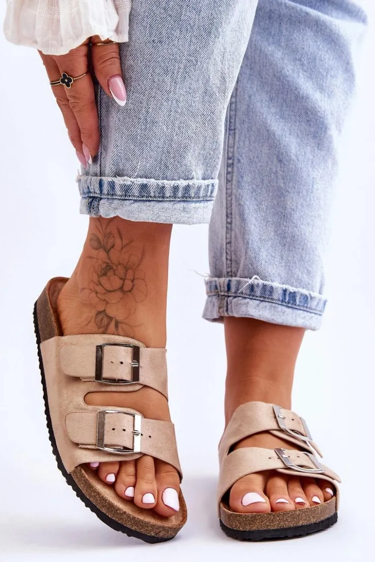 Boto Klapki Korkowe|Klapki Damskie Klasyczne*Damskie Klapki Wsuwane Beżowe Destino