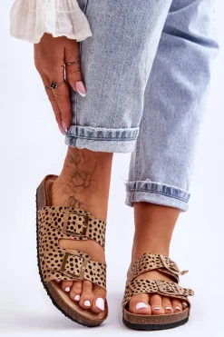 Online Boto Damskie Klapki Wsuwane Leopard Beżowo-Czarne Destino