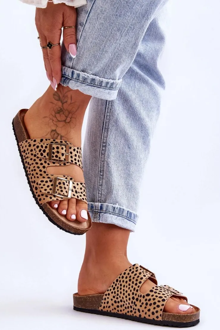 Online Boto Damskie Klapki Wsuwane Leopard Beżowo-Czarne Destino