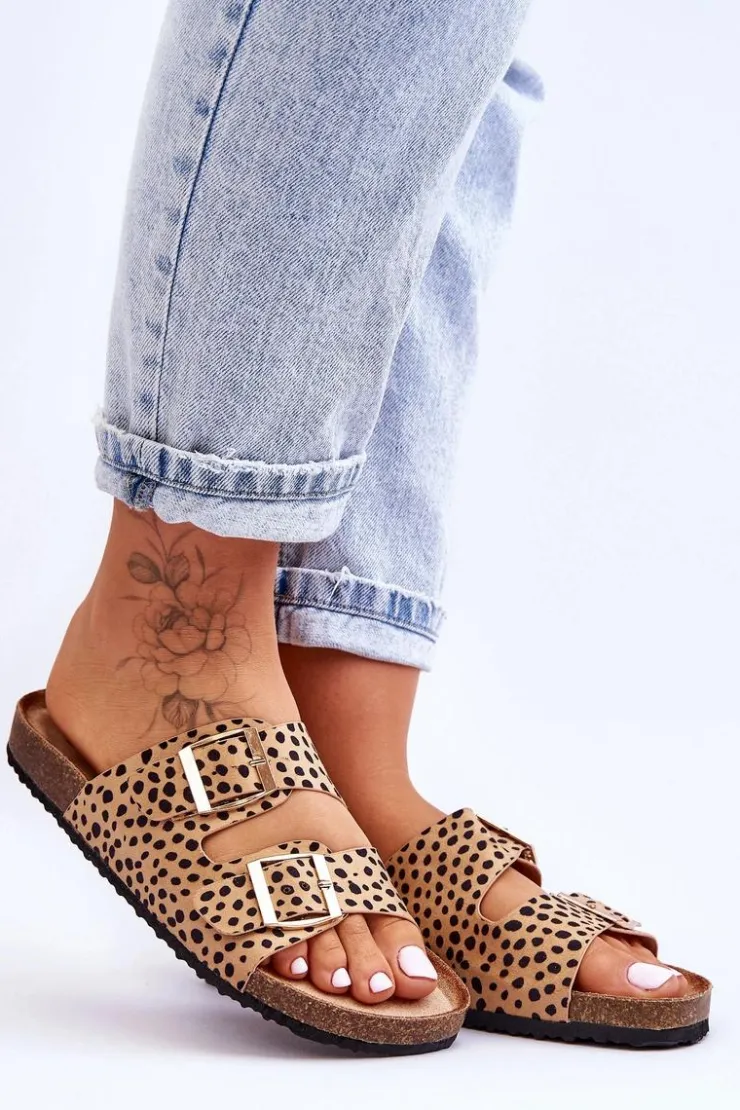 Online Boto Damskie Klapki Wsuwane Leopard Beżowo-Czarne Destino