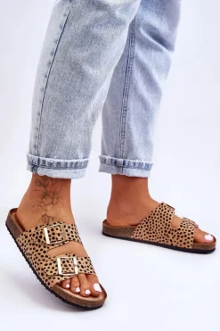 Online Boto Damskie Klapki Wsuwane Leopard Beżowo-Czarne Destino