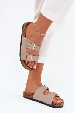 Clearance Boto Damskie Klapki Wsuwane Na Korkowej Podeszwie Beżowe Cortina