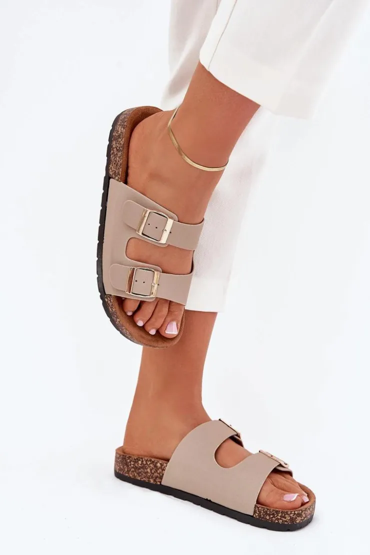 Clearance Boto Damskie Klapki Wsuwane Na Korkowej Podeszwie Beżowe Cortina