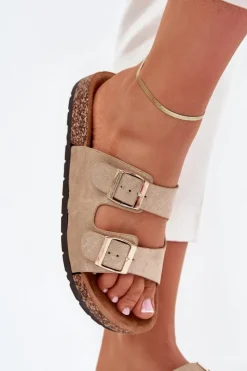 Boto Klapki Korkowe|Klapki Damskie Klasyczne*Damskie Klapki Wsuwane Na Korkowej Podeszwie Złote Cortina