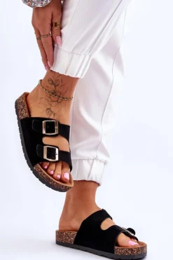 Damskie Boto Damskie Klapki Wsuwane Na Korkowej Podeszwie Czarne Cortina