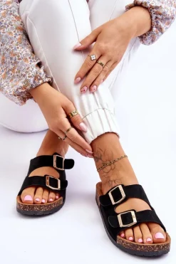 Damskie Boto Damskie Klapki Wsuwane Na Korkowej Podeszwie Czarne Cortina