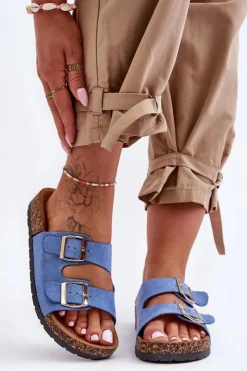 Clearance Boto Damskie Klapki Wsuwane Na Korkowej Podeszwie Niebieskie Cortina