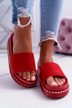 Boto Damskie Klapki Wysokie Czerwone Kadela