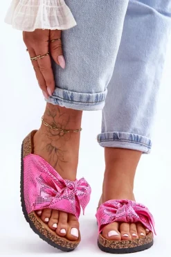 Boto Klapki Korkowe|Klapki Na Platformie*Damskie Klapki Z Błyszczącą Kokardą Różowe Cristina