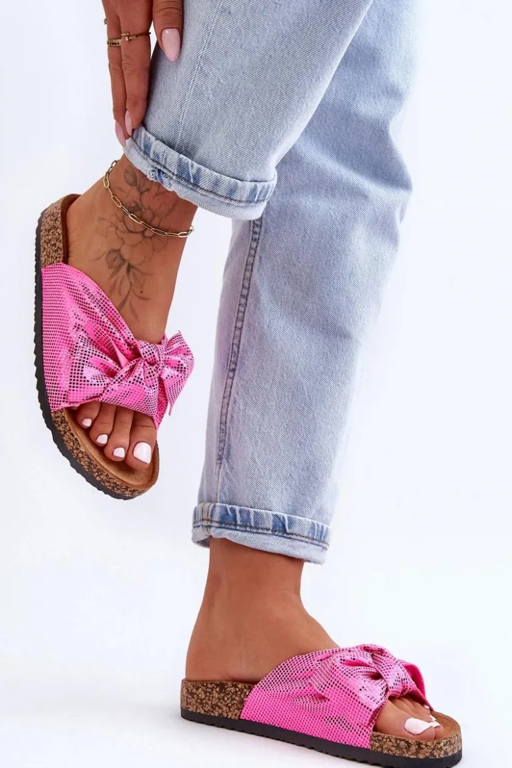 Boto Klapki Korkowe|Klapki Na Platformie*Damskie Klapki Z Błyszczącą Kokardą Różowe Cristina