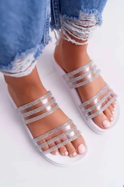 Damskie Boto Damskie Klapki Z Cyrkoniami Białe Larena