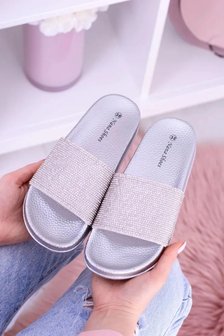 Boto Klapki Sportowe|Klapki Damskie Klasyczne*Damskie Klapki Z Cyrkoniami MadameCristal Srebrne